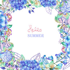 A floral frame of the watercolor blue flowers, Hydrangea and Roses, a place for a text, painted on a white background