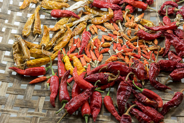 Dry chili pepper on bamboo basket