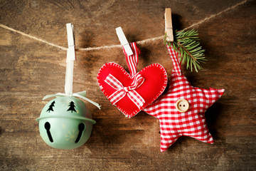 Beautiful Christmas toys on old wooden background