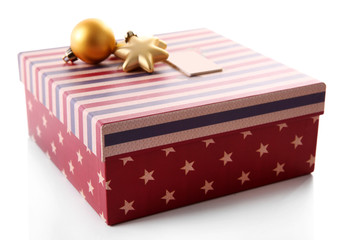 Beautiful Christmas gift with toys isolated on white background