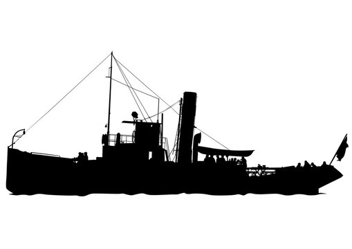 Silhouette of retro ship on white background