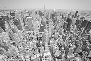 Black and white toned aerial view of Manhattan, NYC.