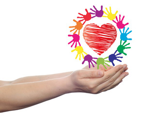 Concept circle of hands, red heart love symbol