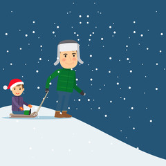 Happy winter time. Dad and son sledding