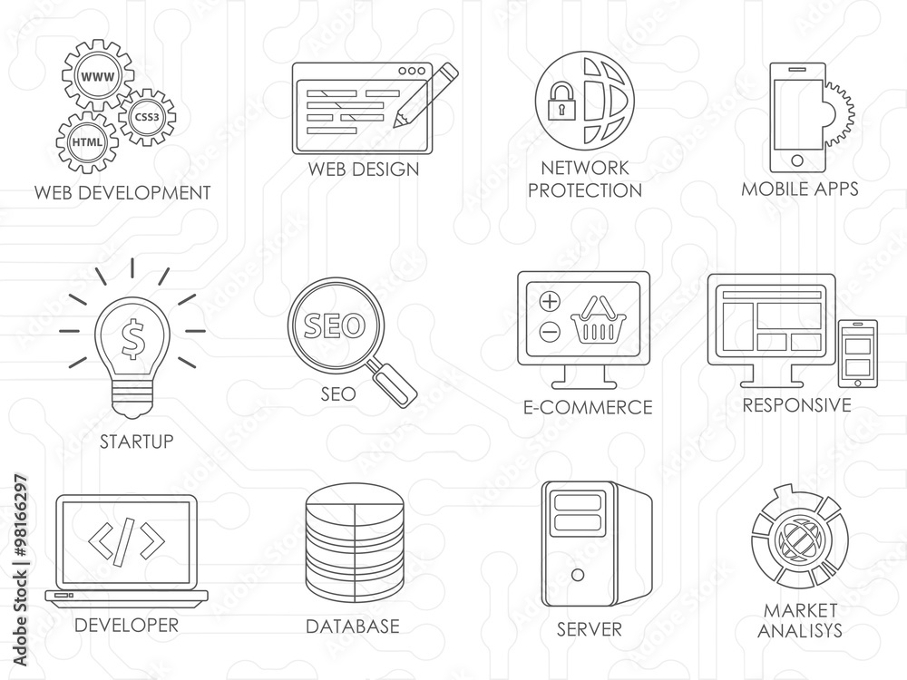Aufkleber Programmer software developer thin line icons set isolated.