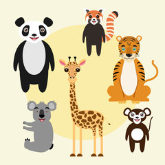 Set of cartoon vector animal characters. Panda, lion, koala, red panda, tiger, monkey, giraffe.