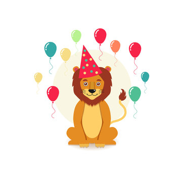 Vector illustration of a cartoon lion in a birthday party hat with colorful balloons