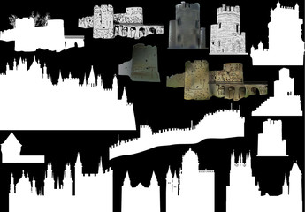 collection of sixteen castles and towers on black