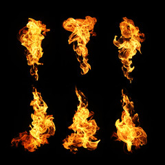 Fire flames collection isolated on black background