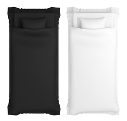 Set of pictures of the two beds with white and black linen