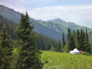 green mountain valley with jurtas