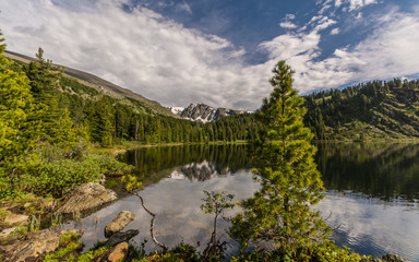 Fototapeta premium Горы и скалы Алтая. Россия, тайга, леса и вершины. Mountains and rocks of Altai. Russia, taiga, forests and peaks.