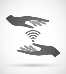 Two hands protecting or giving a radio signal sign