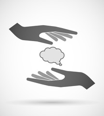 Two hands protecting or giving a comic cloud balloon