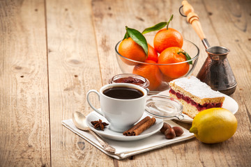 Cup coffee breakfast rustic style on wooden board
