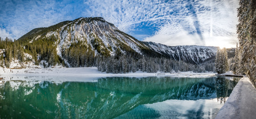 Gorgeous panorama of mountain lake at Courchevel in the French Alps (Lac de la Rosière) - obrazy, fototapety, plakaty