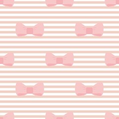 Seamless vector pattern with pastel pink bows on a light brown and white stripes background