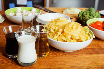 ingredients for cooking pasta and salad
