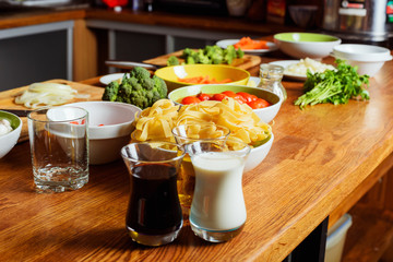 ingredients for cooking pasta and salad