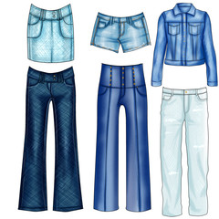 Fashion Illustration of different denim and jeans clothes - Set of denim clothes