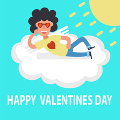 Valentine's day. funny Cupid lying on a cloud flat style.