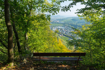 Fototapeta na wymiar Bench and view near Dernau to Walporzheim and Cloister Calvarienberg Ahrweiler Germany