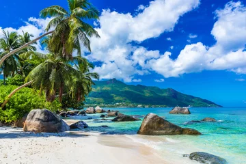 Tuinposter Tropisch strand Baie Beau Vallon - Strand op het eiland Mahe op de Seychellen