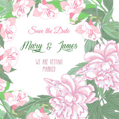 Background with two pink peonies and pink flowers