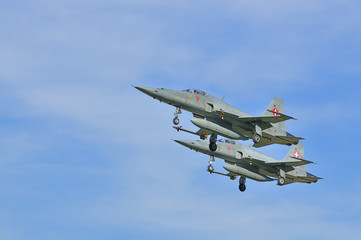 fighter jets landing in a pair