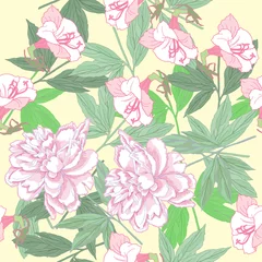 Fotobehang White Seamless pattern  with pink peonies and flowers © Natalia Piacheva