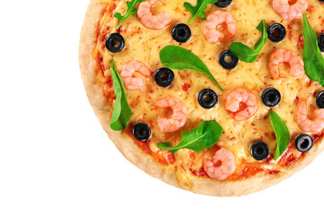 Pizza with shrimp olives and arugula on a white background.