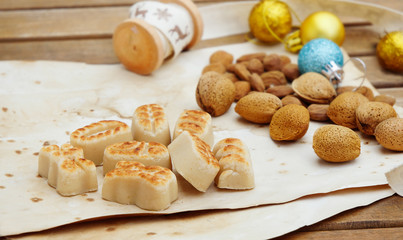 Fototapeta na wymiar Marzipan traditional sweets christmas card