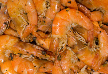 Cooked fine fresh shrimps with herbs, spices and salt