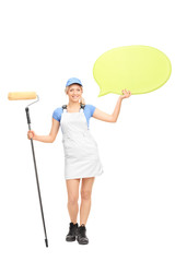 Female painter holding a speech bubble
