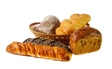 Variety of bread isolated on white. Selective focus