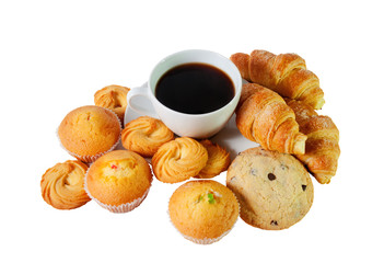 Cookies, pastries and coffee cup isolated on white background. Selective focus