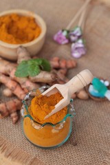 Turmeric herb yellow powder and fresh turmeric.