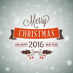 Merry Christmas Greeting Card. Vintage Typographic Badge with Misletoe Branch and Light Background. Vector Illustration