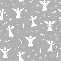 Christmas vector seamless pattern with angels snowflake and stars