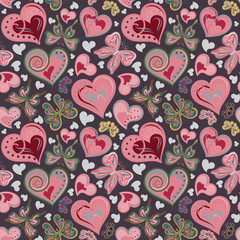 Seamless valentine pattern with colorful vintage pink and brown butterflies, flowers, hearts on black background. Vector