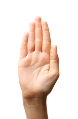 Woman hand making sign isolated on white background