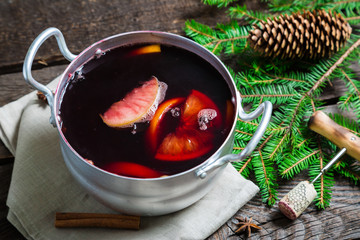 Mulled wine on a wooden table