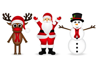 Santa Claus, a reindeer and a snowman