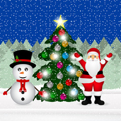 Snowman and Santa Claus with Christmas tree in the forest