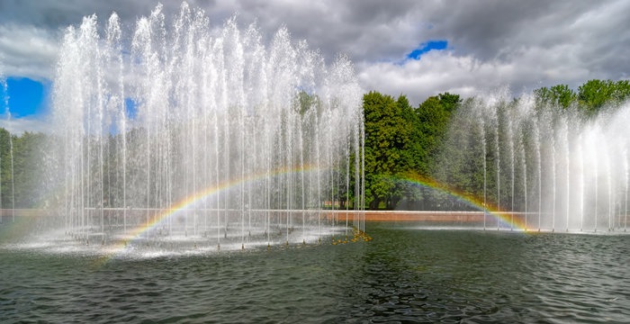 Garden fountain with rainbow