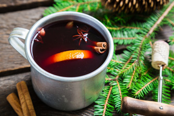 Mulled wine on a wooden table