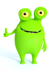 Cute green monster doing a thumbs up.