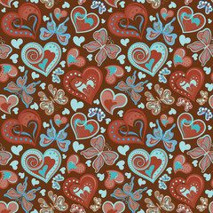 Seamless valentine pattern with colorful vintage blue and brown butterflies, flowers and hearts on black background. Vector illustration