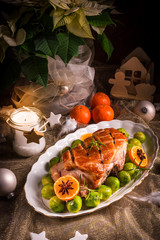Christmas dinner with brussels sprouts in orange sauce