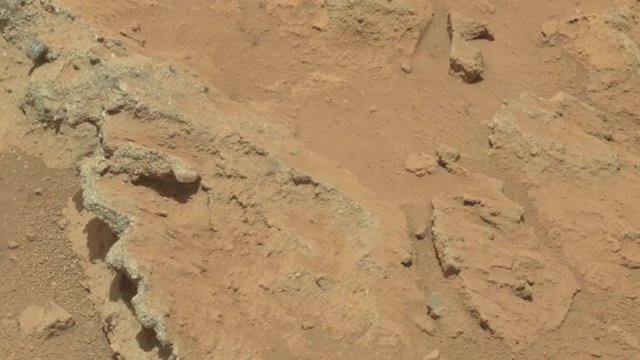 The Hottah rock outcrop, remnant of ancient streambed  in Gale crater on the planet Mars. Footage interpolated from 2800x2800px original stereo image pair. Elements of this imagery furnished by NASA;